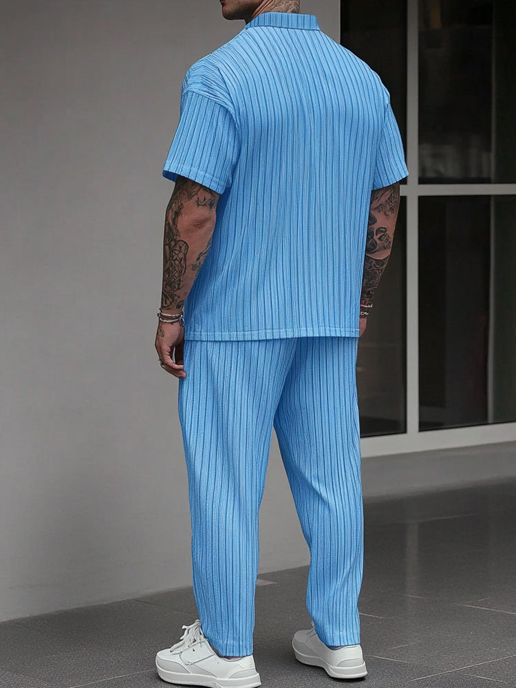 Casual Pit-stripe Textured Shirt Set