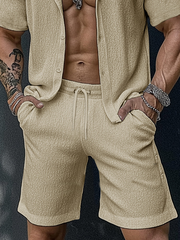 Casual Cool Textured Shirt Shorts Set