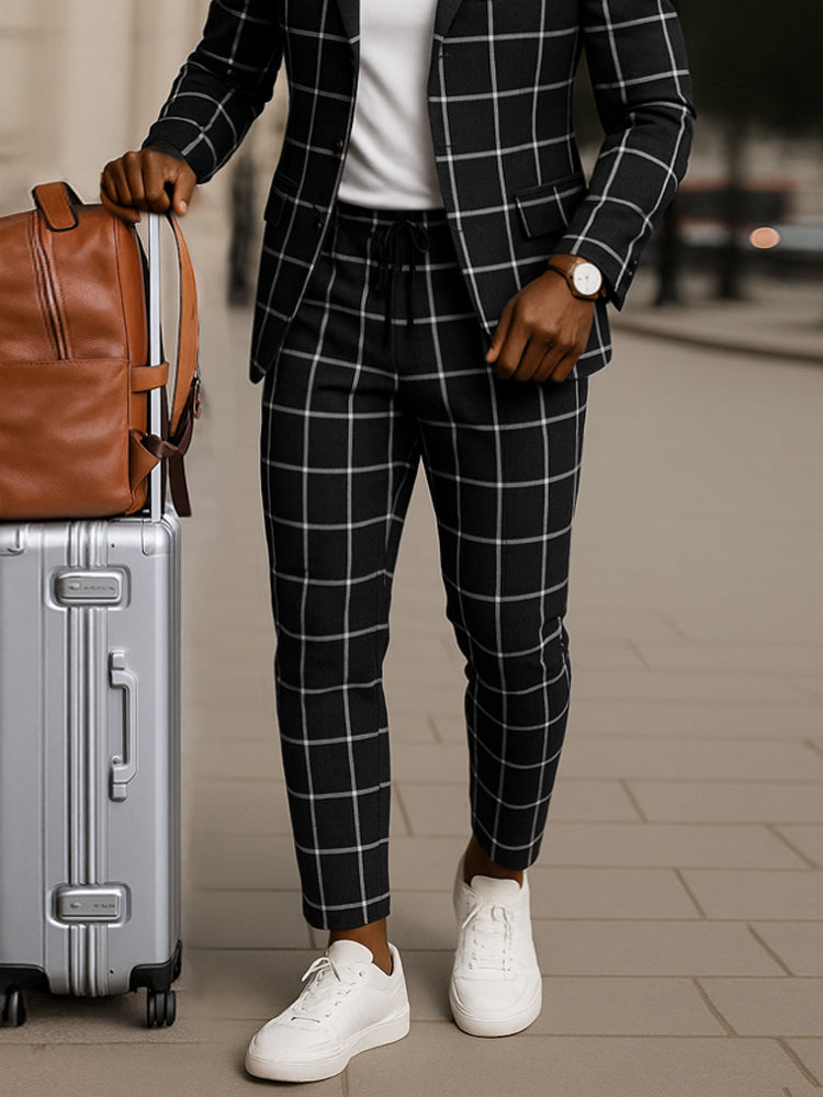 Classic Plaid Print Blazer Pants Set