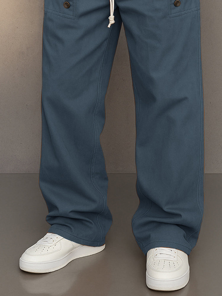 Cotton Button Accents Straight Leg Pants