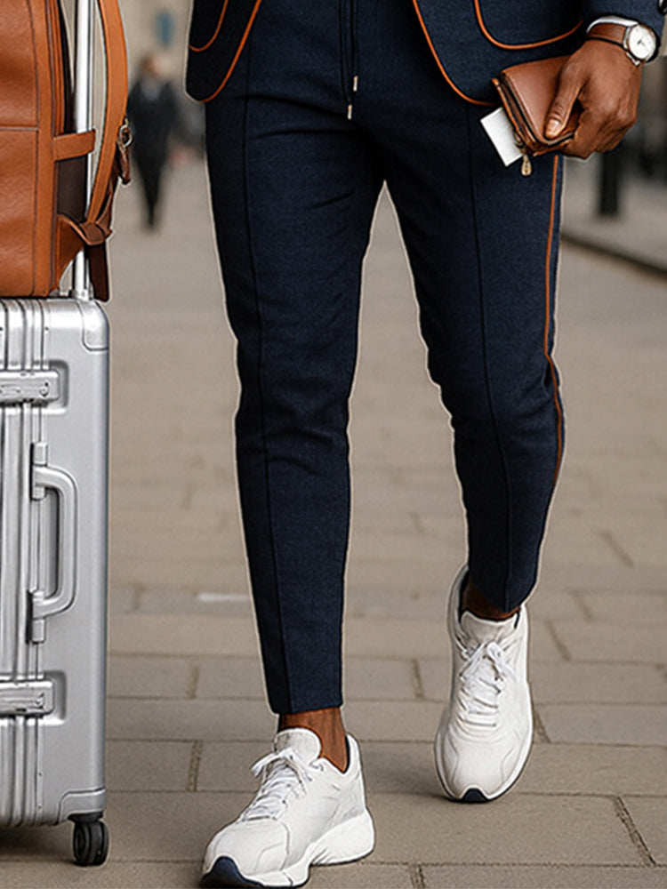 Casual Contrasting Line Design Jacket Pants Set