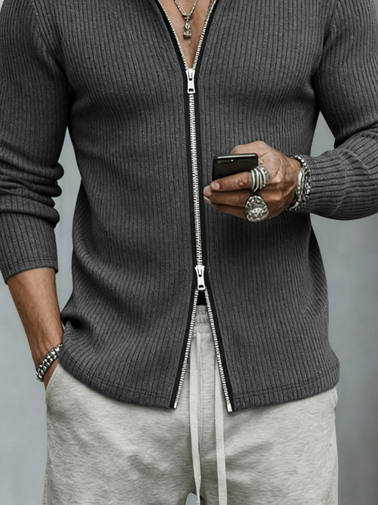 Casual Two-Way Zip Stand Collar Cardigan