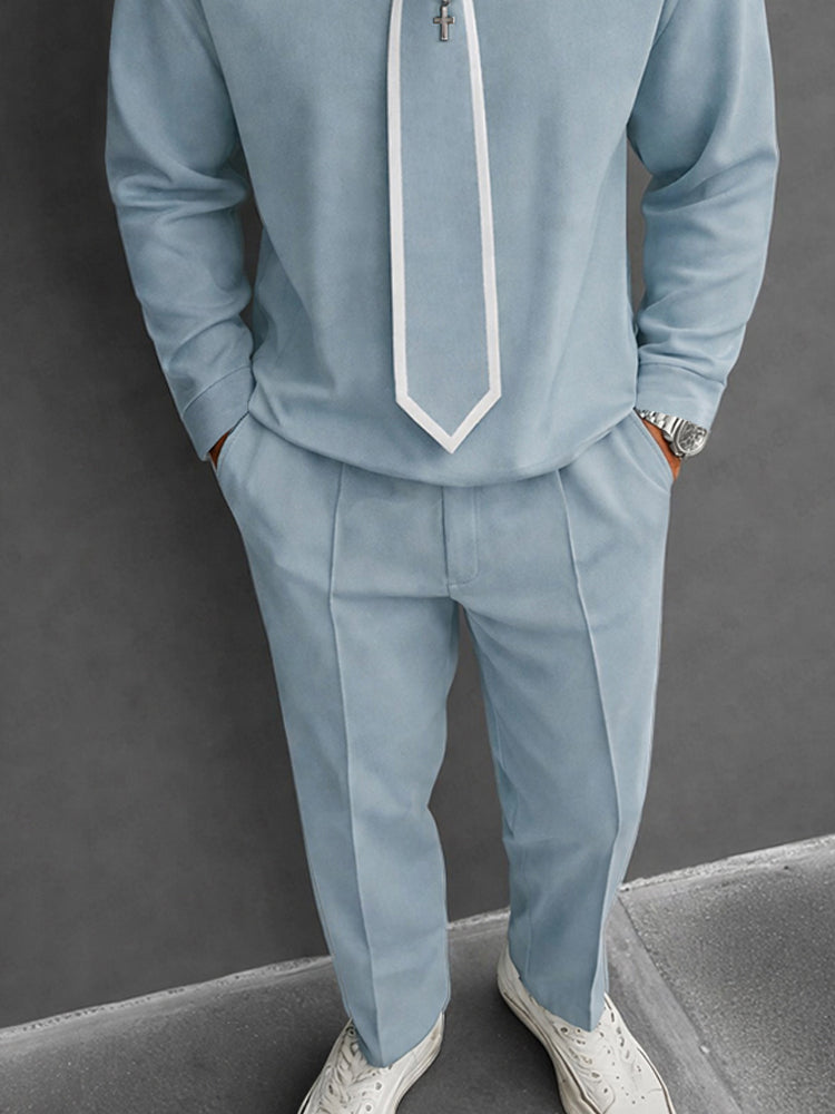 Stylish Contrast Color Detachable Tie Top Pants Set