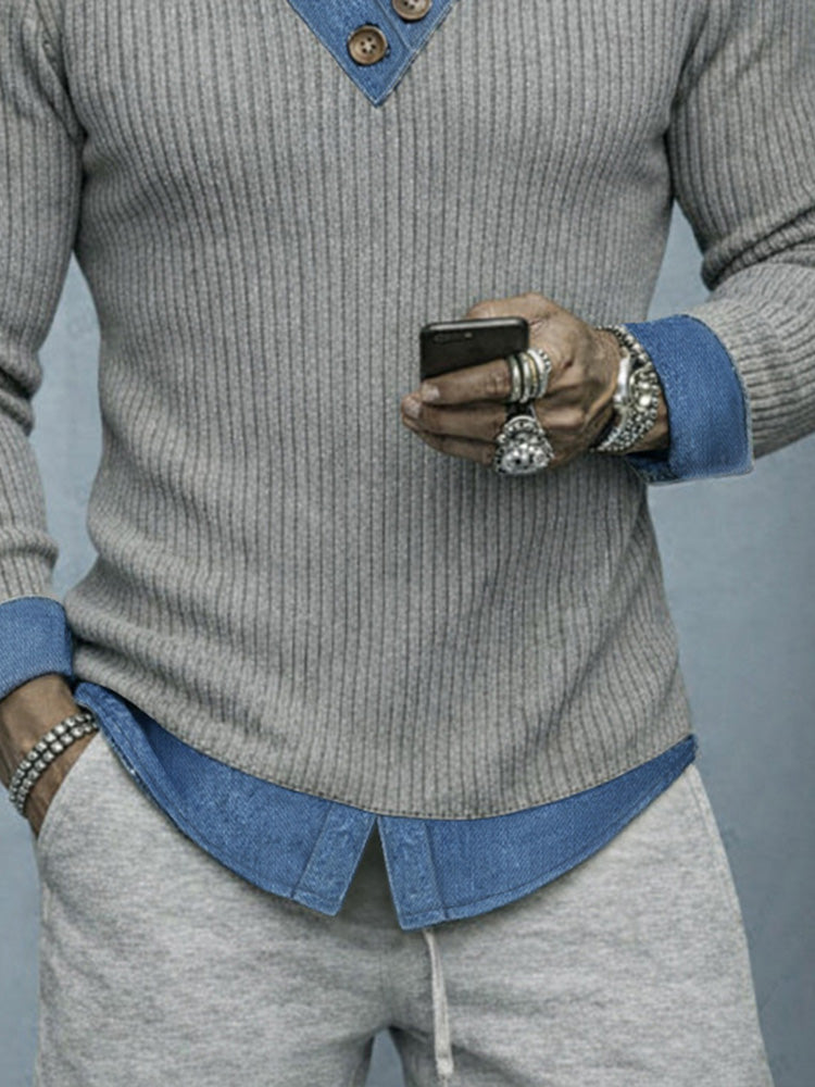 Stylish Denim Patchwork Fake Two-Piece Knit Shirt