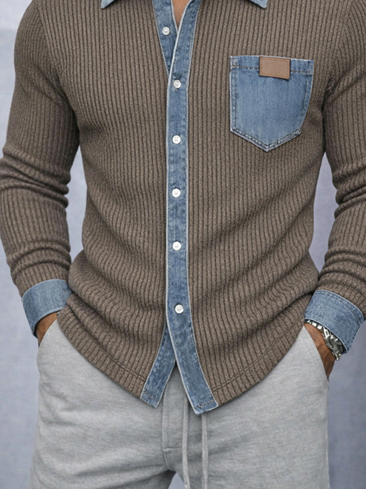 Casual Comfort Contrast Denim Panel Knit Shirt