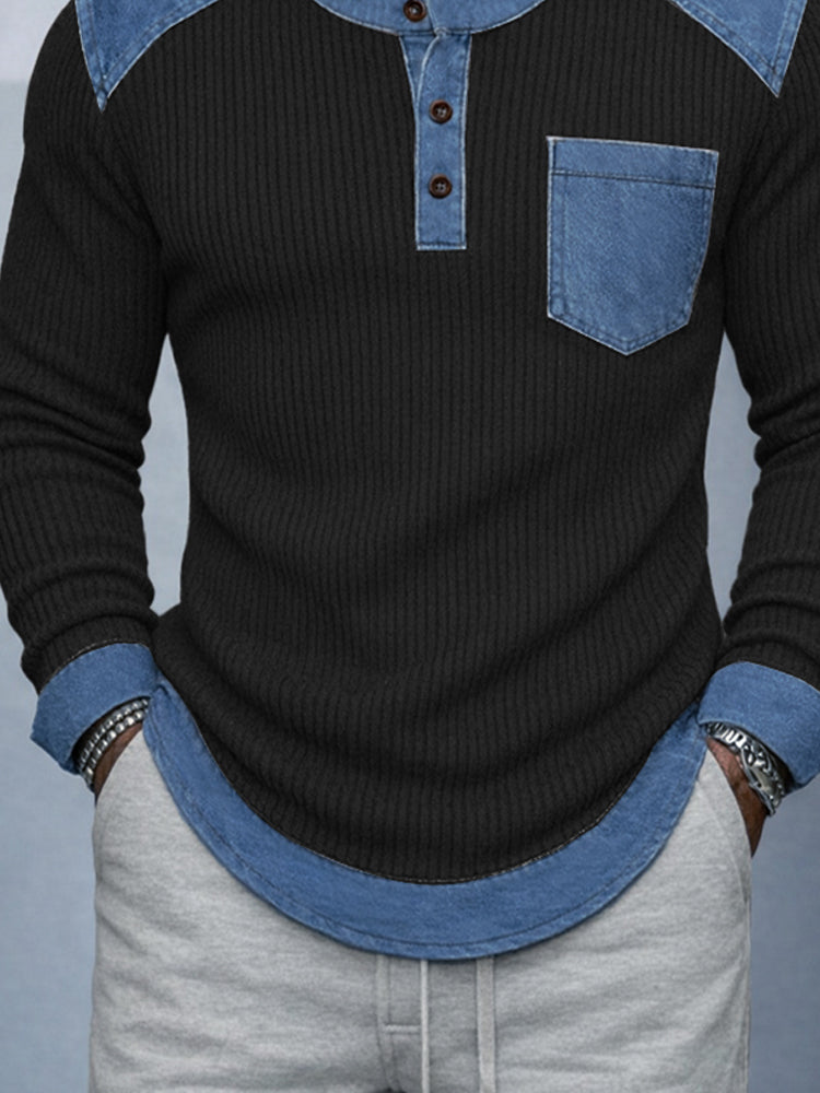 Stylish Denim Patchwork Knit Henley Shirt