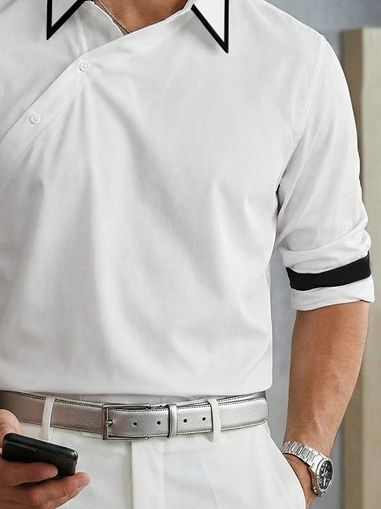 Casual Slant Placket Long Sleeve Cotton Shirt