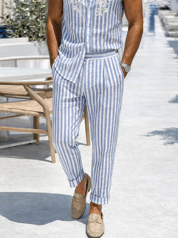 Casual Stripe Embroidered Sleeveless Shirt Pants Set