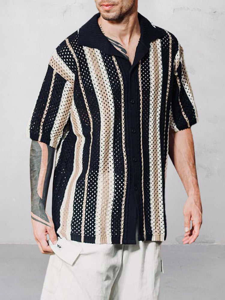 Vertical Stripe Mesh Knitted Shirt