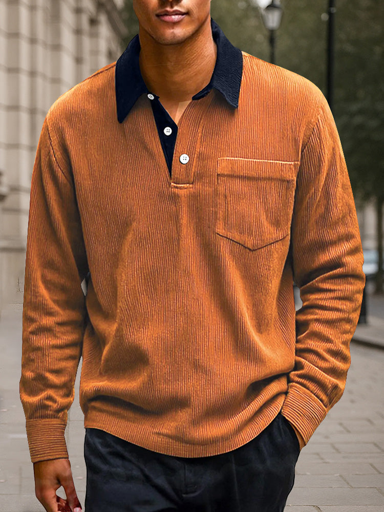 Versatile Color Block Corduroy Polo Shirt