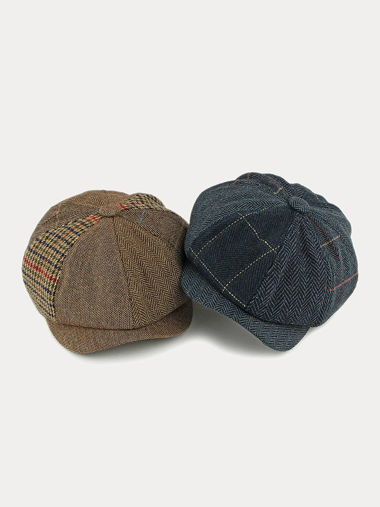 Retro Herringbone Patchwork Newsboy Cap