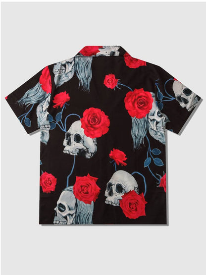 Rose Skull Lapel Short Sleeve Shirt