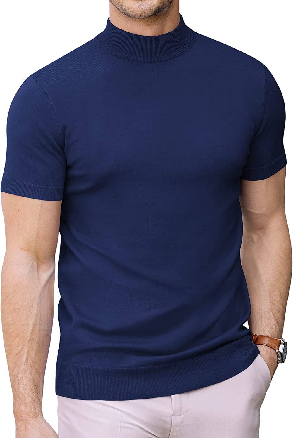 (Us Only)  Turtleneck Basic Slim Fit Knitted Short Sleeve Sweater