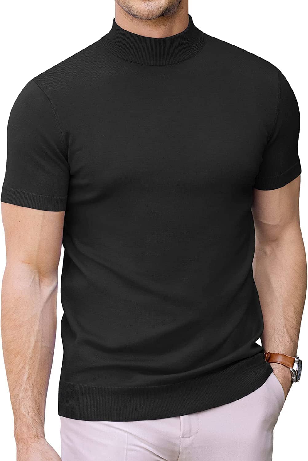 (Us Only)  Turtleneck Basic Slim Fit Knitted Short Sleeve Sweater