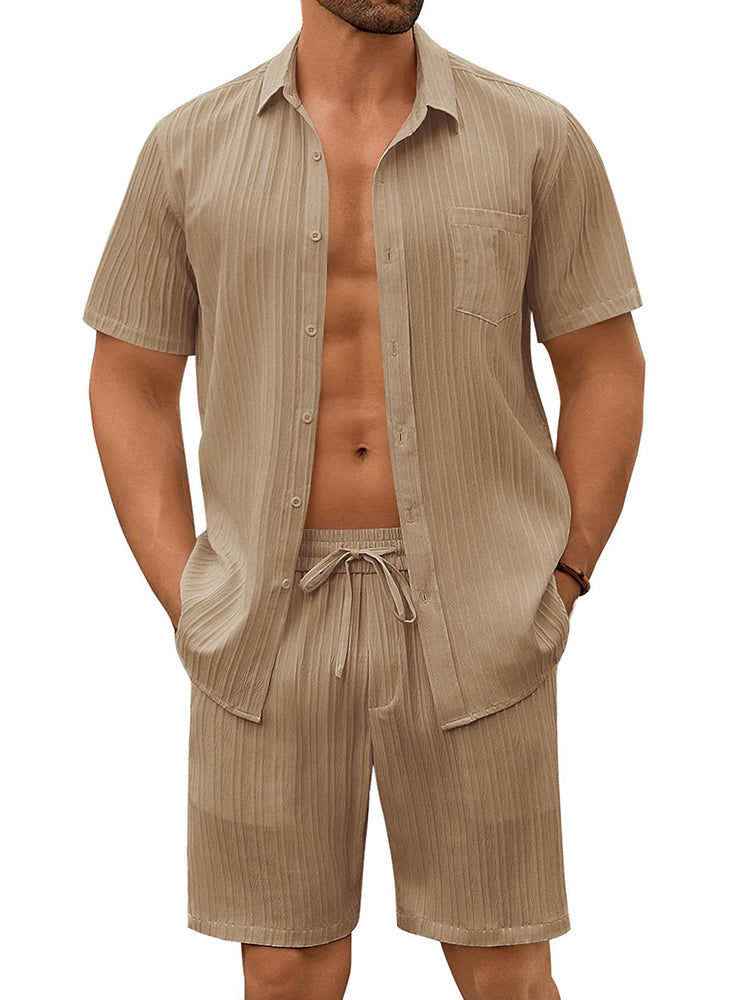 Casual Textured Shirt Shorts Vacation Set (US Only)