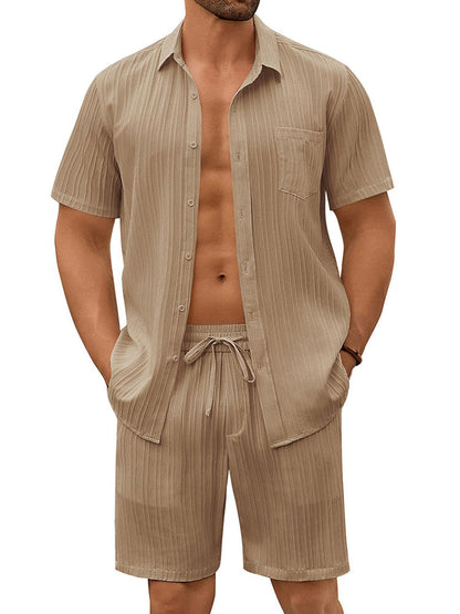 Casual Textured Shirt Shorts Vacation Set (US Only)