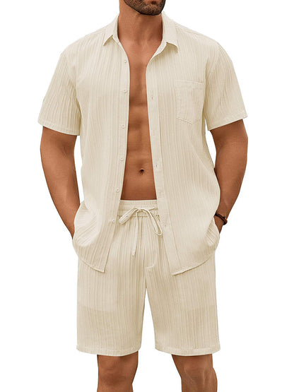 Casual Textured Shirt Shorts Vacation Set (US Only)