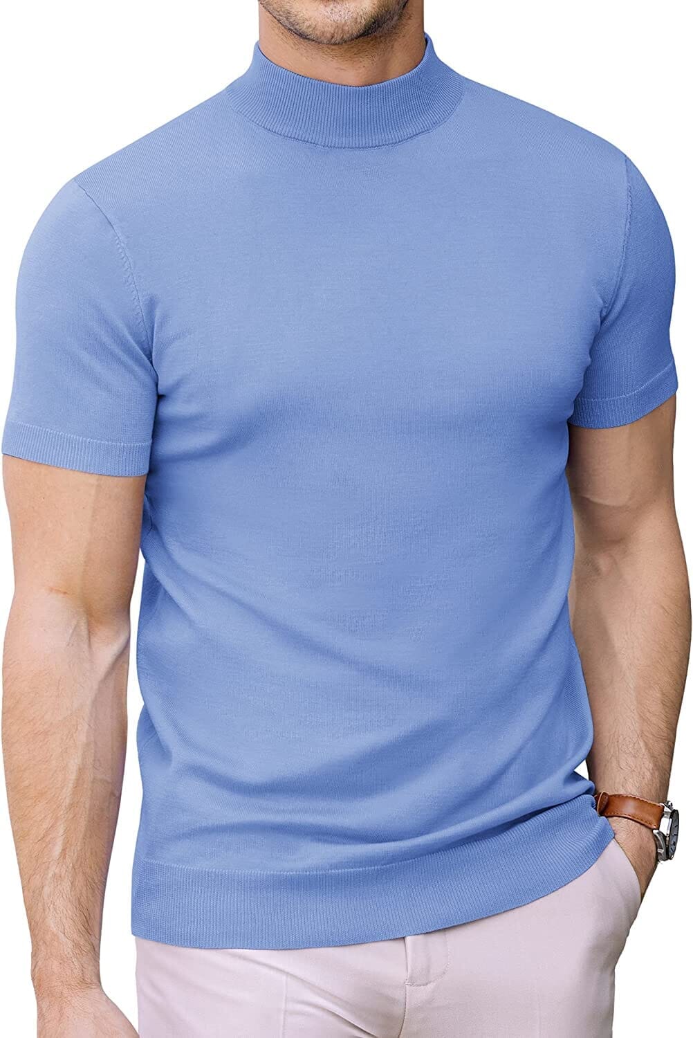(Us Only)  Turtleneck Basic Slim Fit Knitted Short Sleeve Sweater
