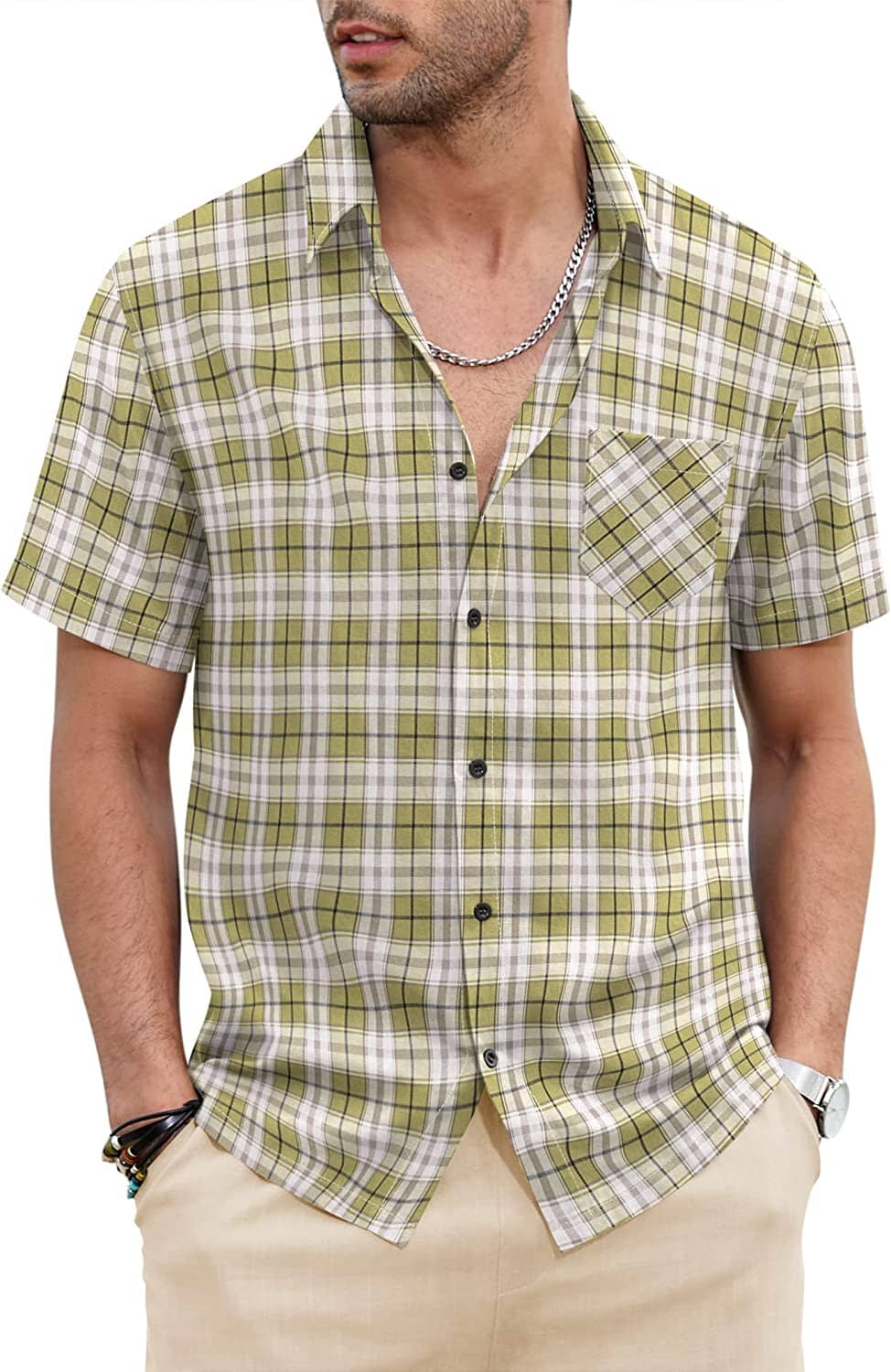 Classic Short Sleeve Plaid Cotton Shirts with Pocket (US Only)