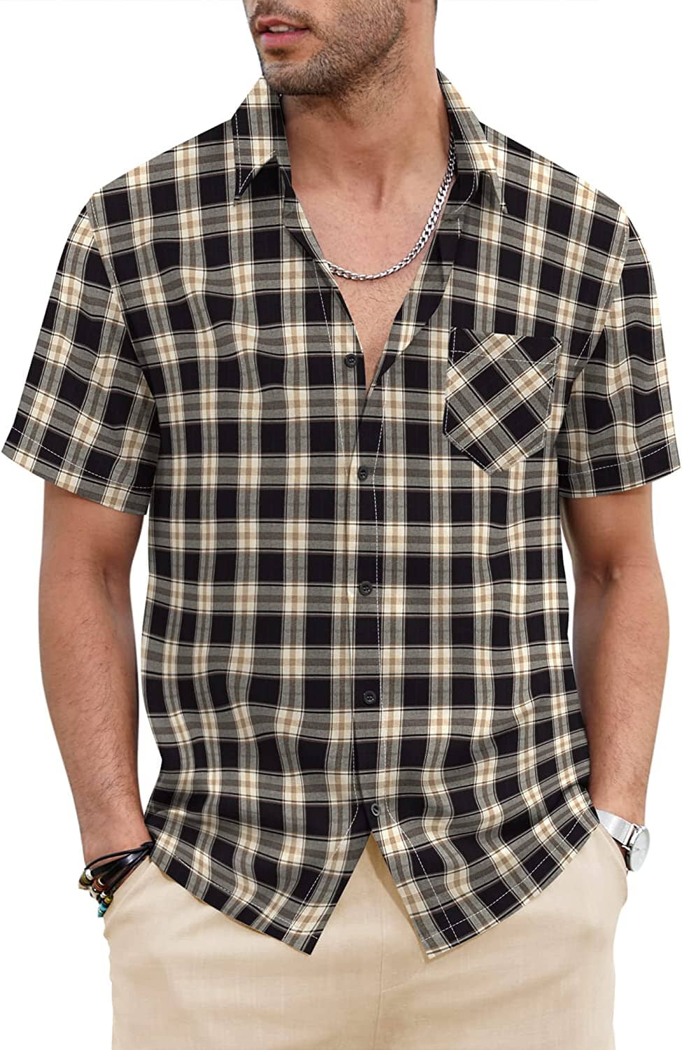 Classic Short Sleeve Plaid Cotton Shirts with Pocket (US Only)