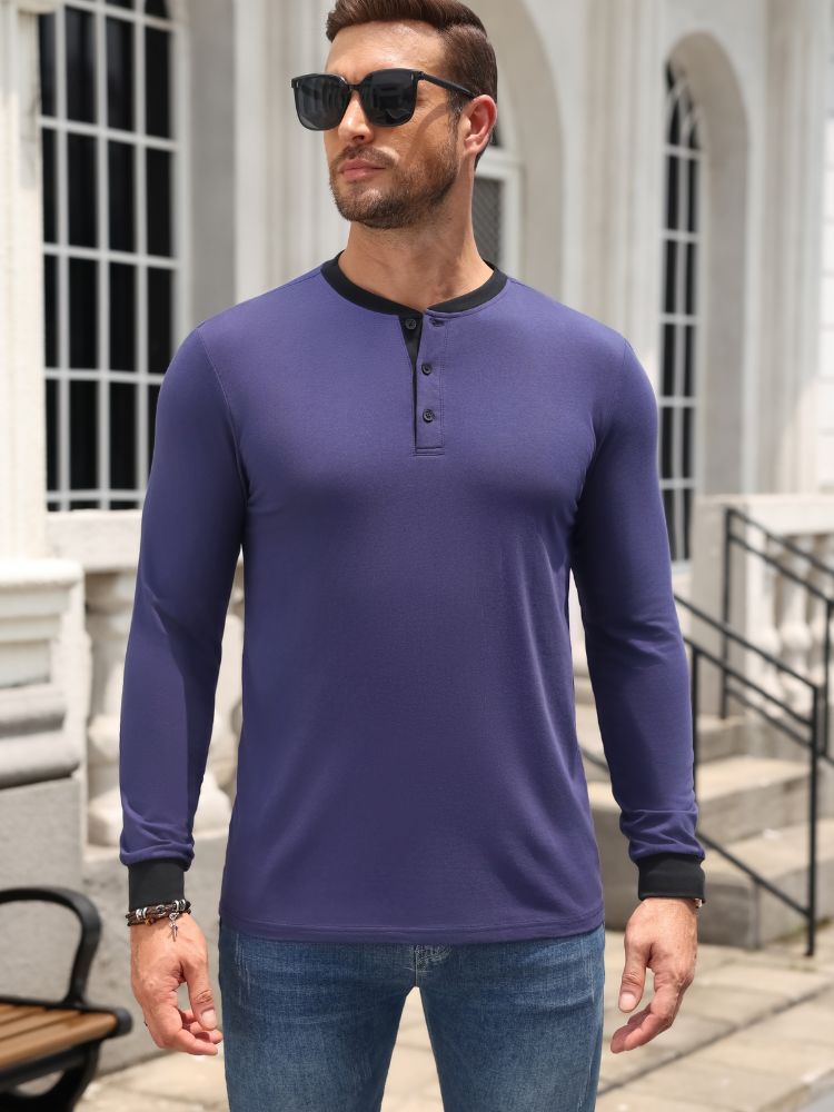 Casual Modern Contrast Henley Long Sleeve Shirt (US Only)