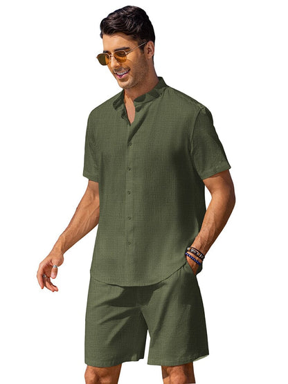 Casual Cotton Linen Stand Collar Shirt Set (US Only)