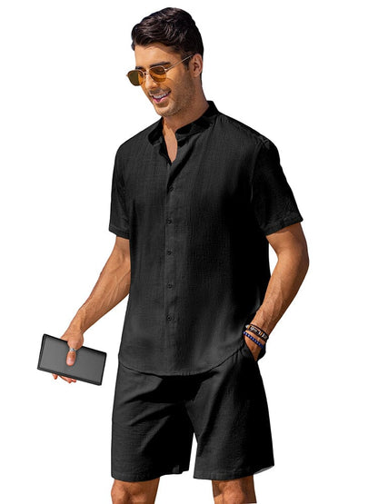 Casual Cotton Linen Stand Collar Shirt Set (US Only)