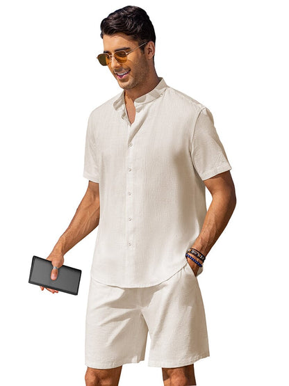 Casual Cotton Linen Stand Collar Shirt Set (US Only)