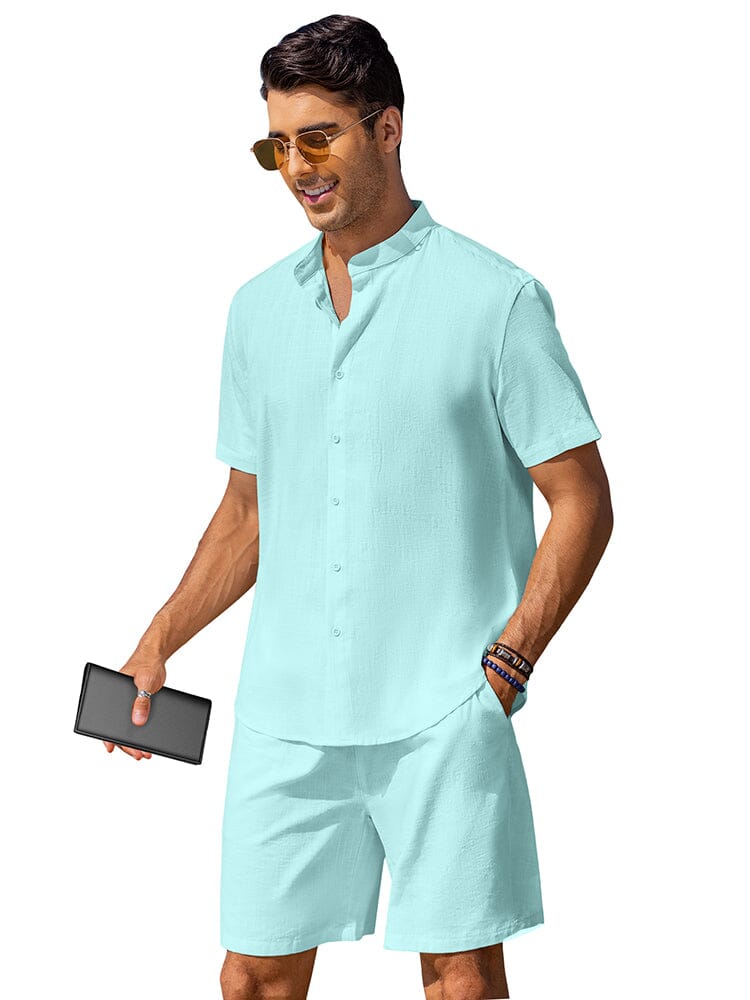 Casual Cotton Linen Stand Collar Shirt Set (US Only)