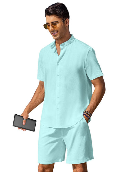 Casual Cotton Linen Stand Collar Shirt Set (US Only)