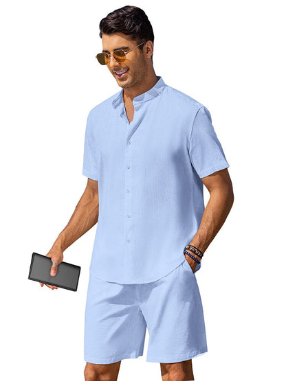 Casual Cotton Linen Stand Collar Shirt Set (US Only)
