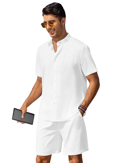 Casual Cotton Linen Stand Collar Shirt Set (US Only)