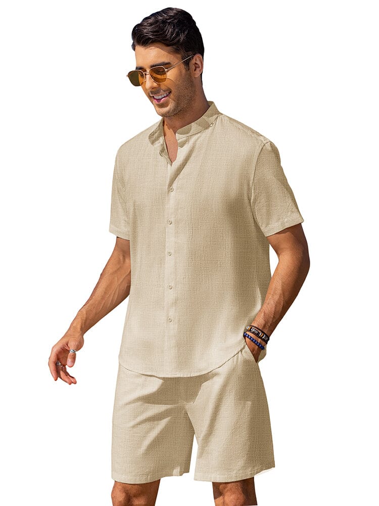 Casual Cotton Linen Stand Collar Shirt Set (US Only)