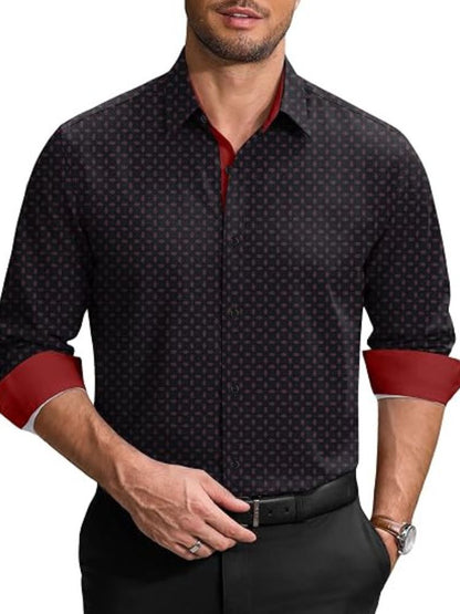 Printed Contrast Collar Long Sleeve Button Down Dress Shirt (US Only)
