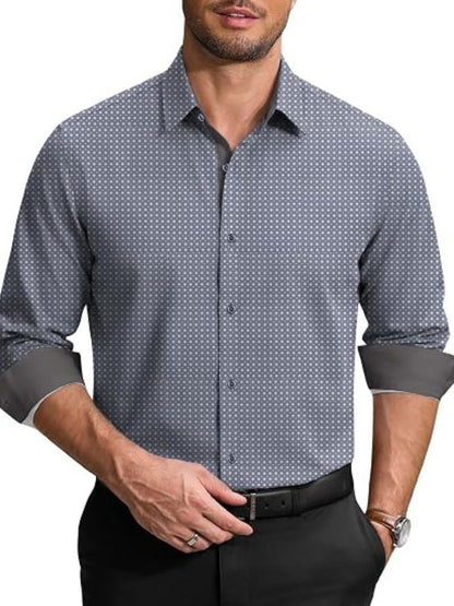 Printed Contrast Collar Long Sleeve Button Down Dress Shirt (US Only)