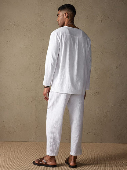 Cozy Solid Cotton and Linen Shirt Set
