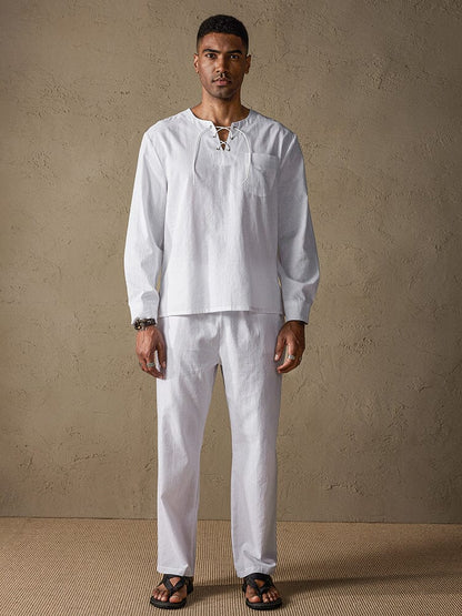 Solid Color Long Sleeve Casual Cotton Linen Set