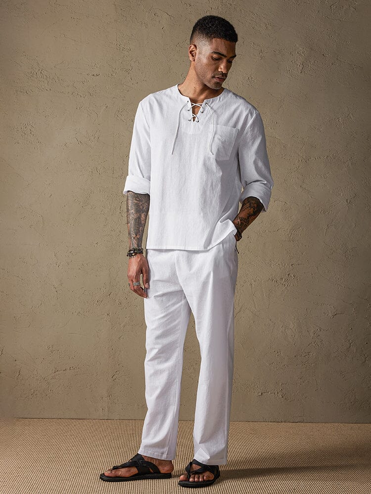 Solid Color Long Sleeve Casual Cotton Linen Set
