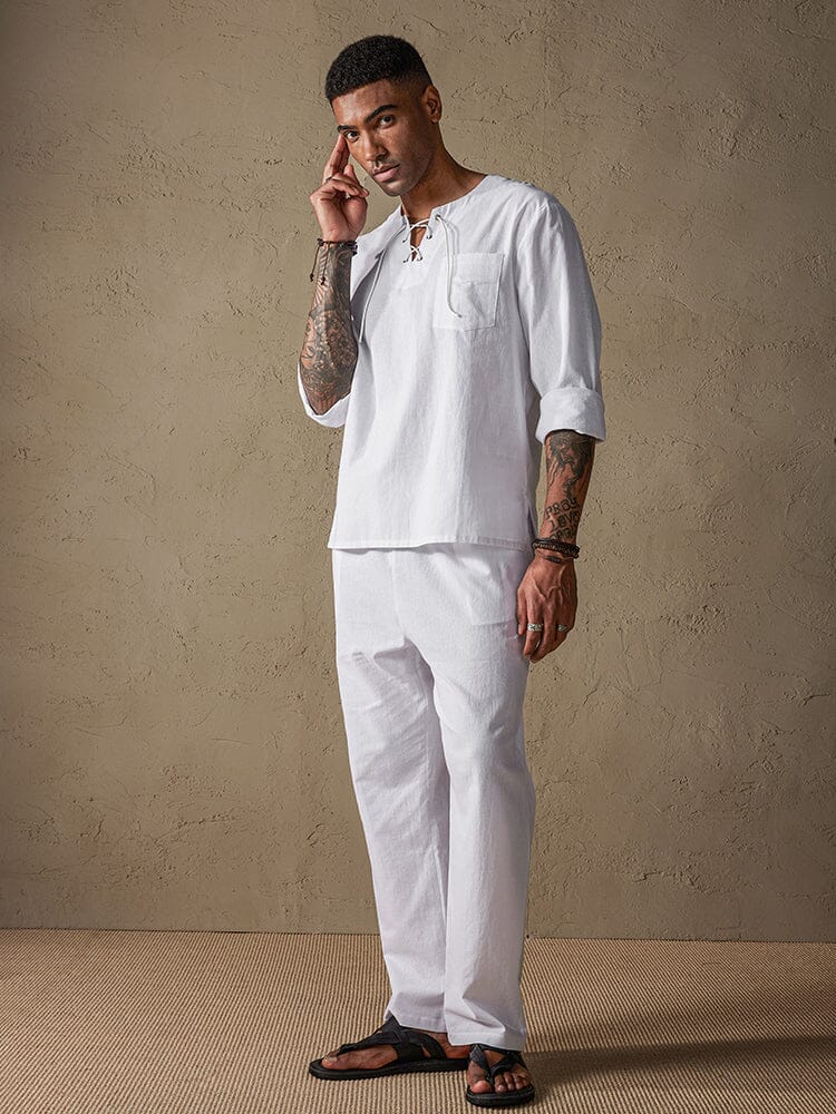Solid Color Long Sleeve Casual Cotton Linen Set
