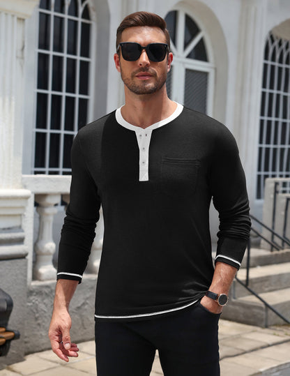 Long Sleeve Contrast Henley Shirt with Pocket (US Only)