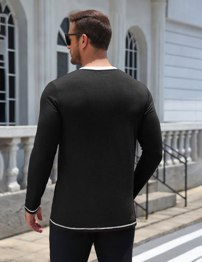 Long Sleeve Contrast Henley Shirt with Pocket (US Only)