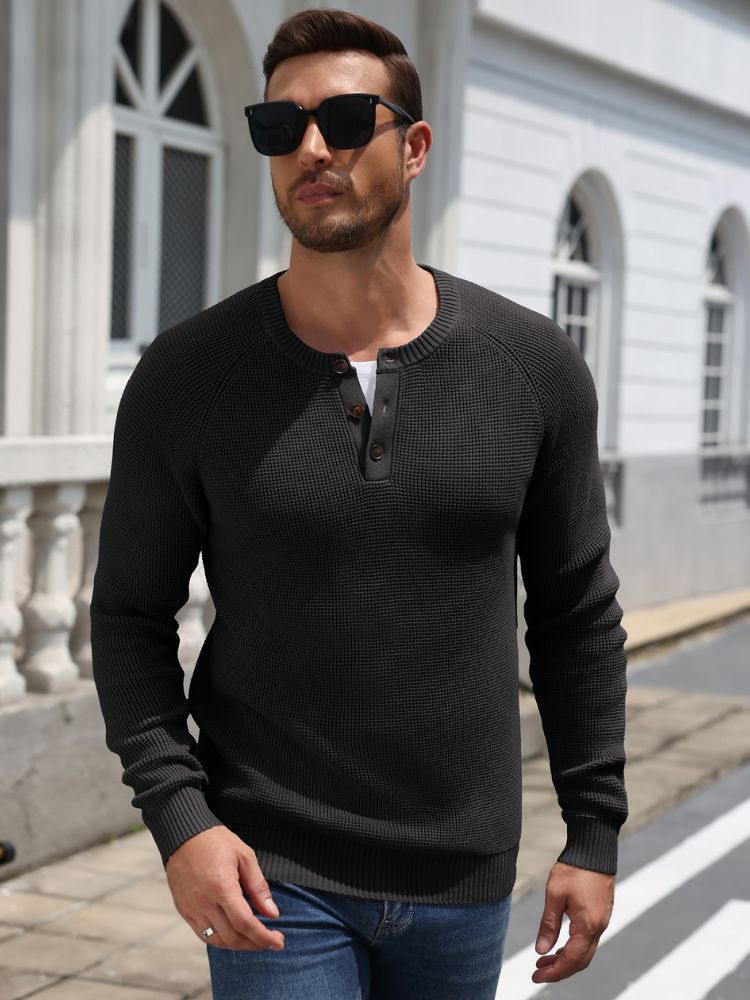 Raglan Sleeve Henley Waffle Knit Pullover Sweater (US Only)