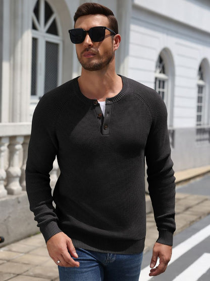 Raglan Sleeve Henley Waffle Knit Pullover Sweater (US Only)