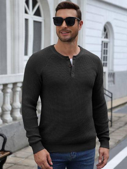Raglan Sleeve Henley Waffle Knit Pullover Sweater (US Only)