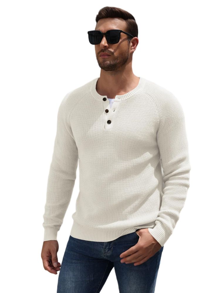 Raglan Sleeve Henley Waffle Knit Pullover Sweater (US Only)