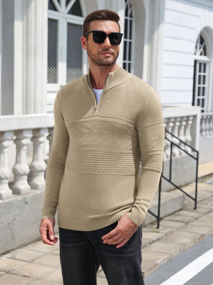 Quarter Zip Casual Knit Mock Neck Pullover Sweater (US Only)