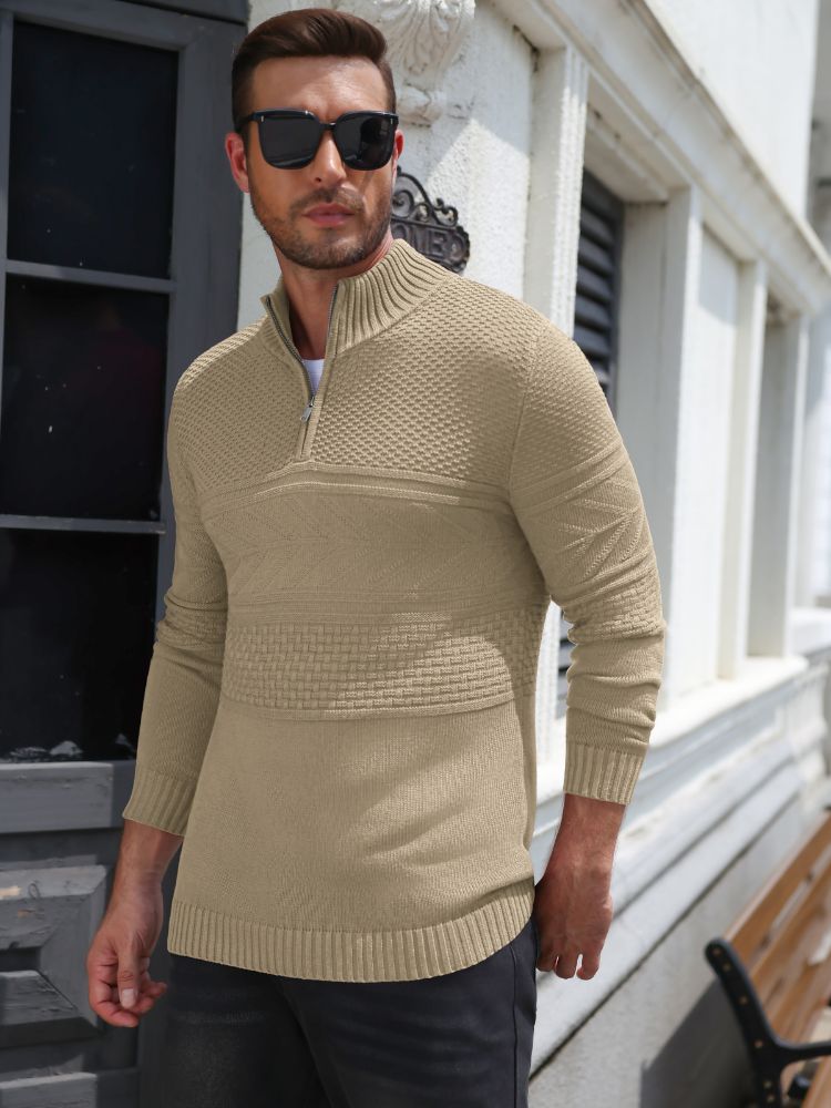 Quarter Zip Casual Knit Mock Neck Pullover Sweater (US Only)