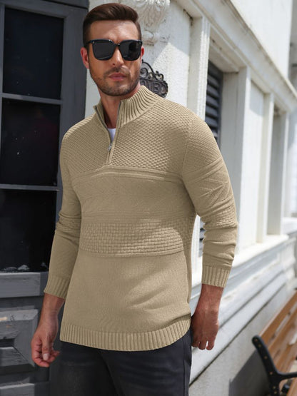 Quarter Zip Casual Knit Mock Neck Pullover Sweater (US Only)