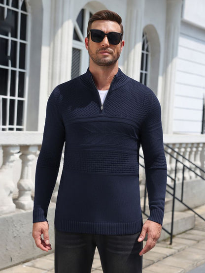 Quarter Zip Casual Knit Mock Neck Pullover Sweater (US Only)