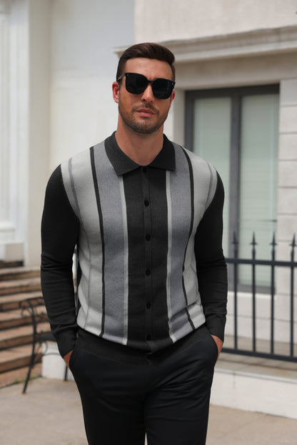 Retro Striped Color Block Polo Cardigan Knit Jacket (US Only)